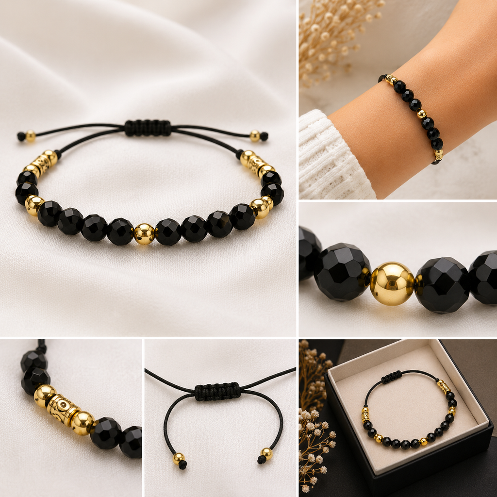 Siyah Boncuklu Ayarlanabilir İpli Bileklik – Unisex Gold Detaylı Minimal Tasarım El Yapımı Bileklik Alternatif SEO Başlığı Siyah Boncuklu İpli Bileklik | Ayarlanabilir Unisex Gold Detaylı Şık Günlük Bileklik